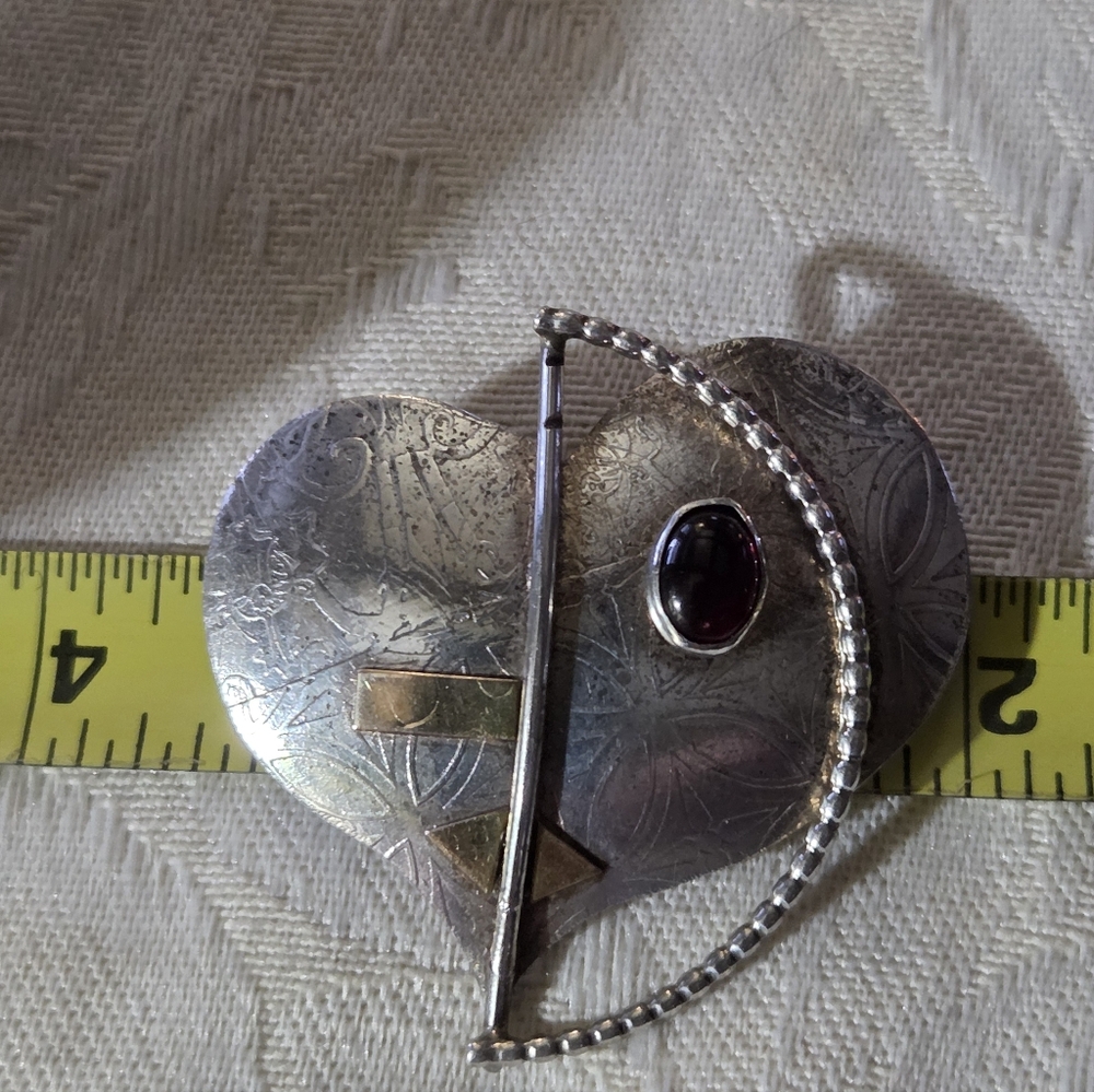 Vintage Lynda Thorp Abstract Heart Brooch, SS, 14k, Garnet - Picture 9 of 11